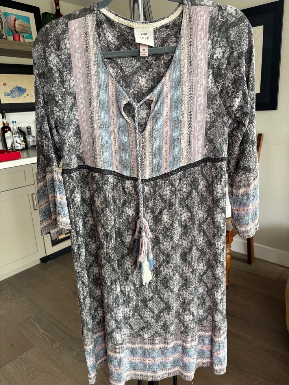 KNOX Rose Blue & Gray Mixed Print Tassel Dress Size M
